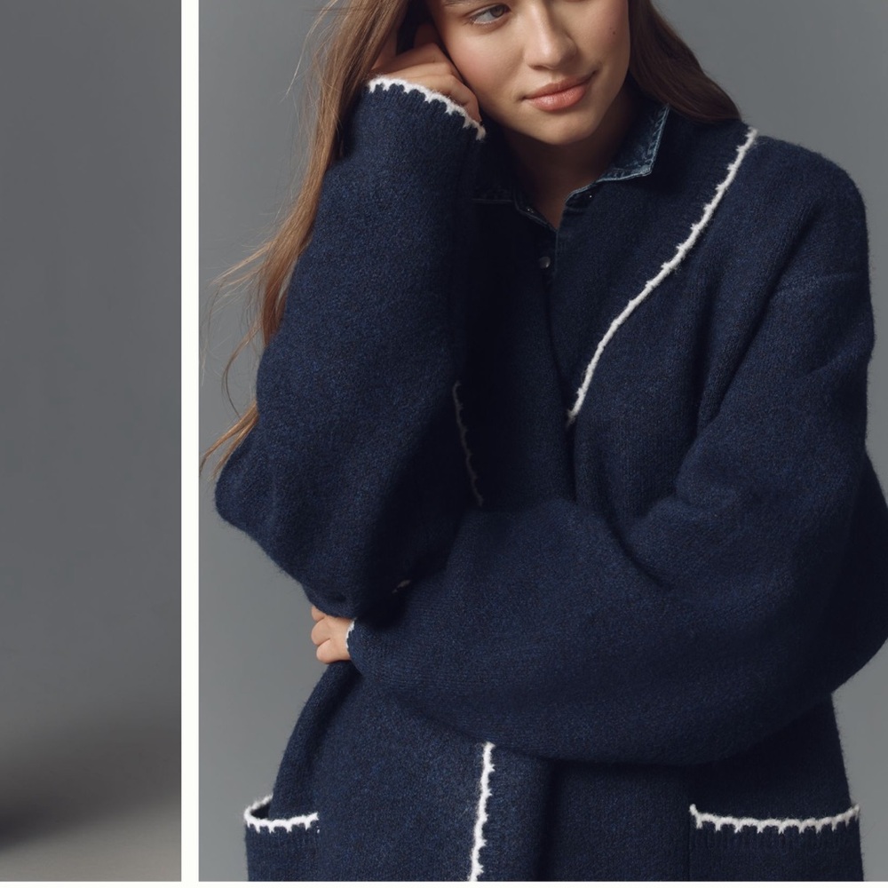 Anthropologie Navy Blue Cardigan with White Trim
